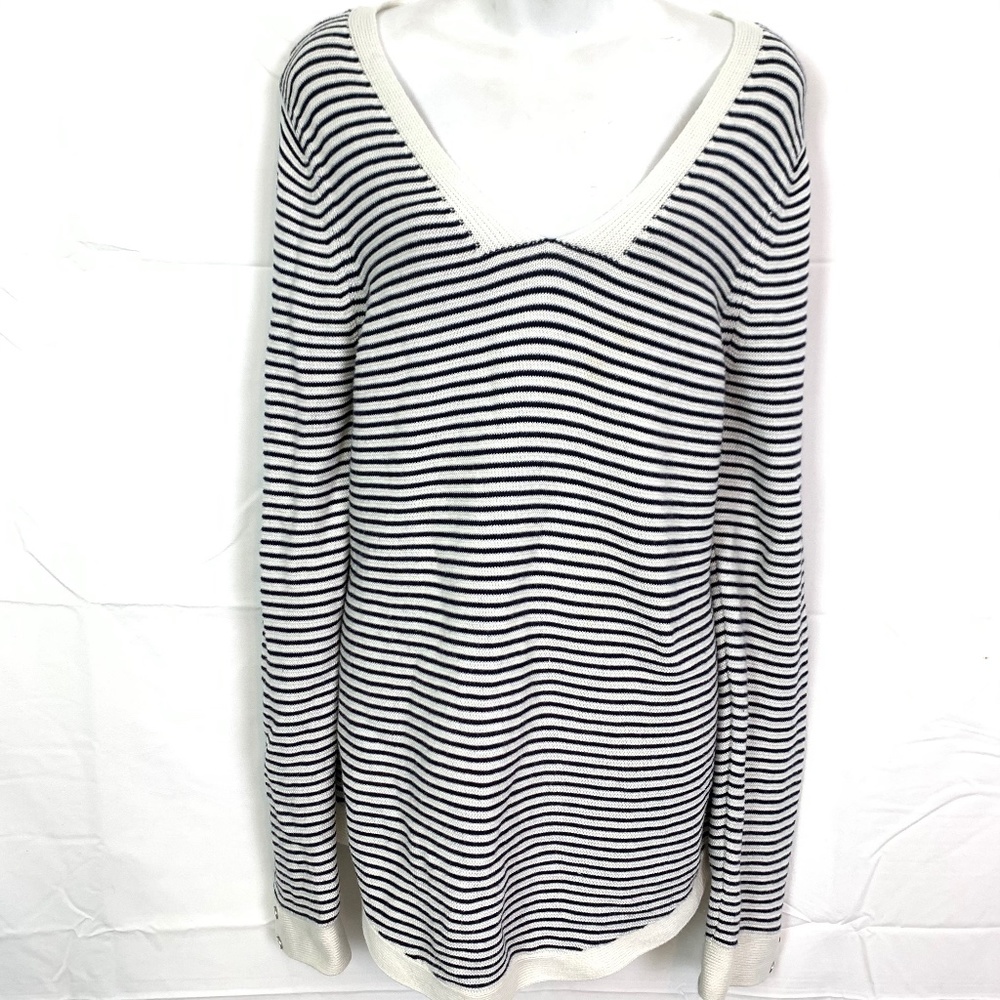 TALBOTS Navy Ivory Striped 100% Cotton Sweater  L